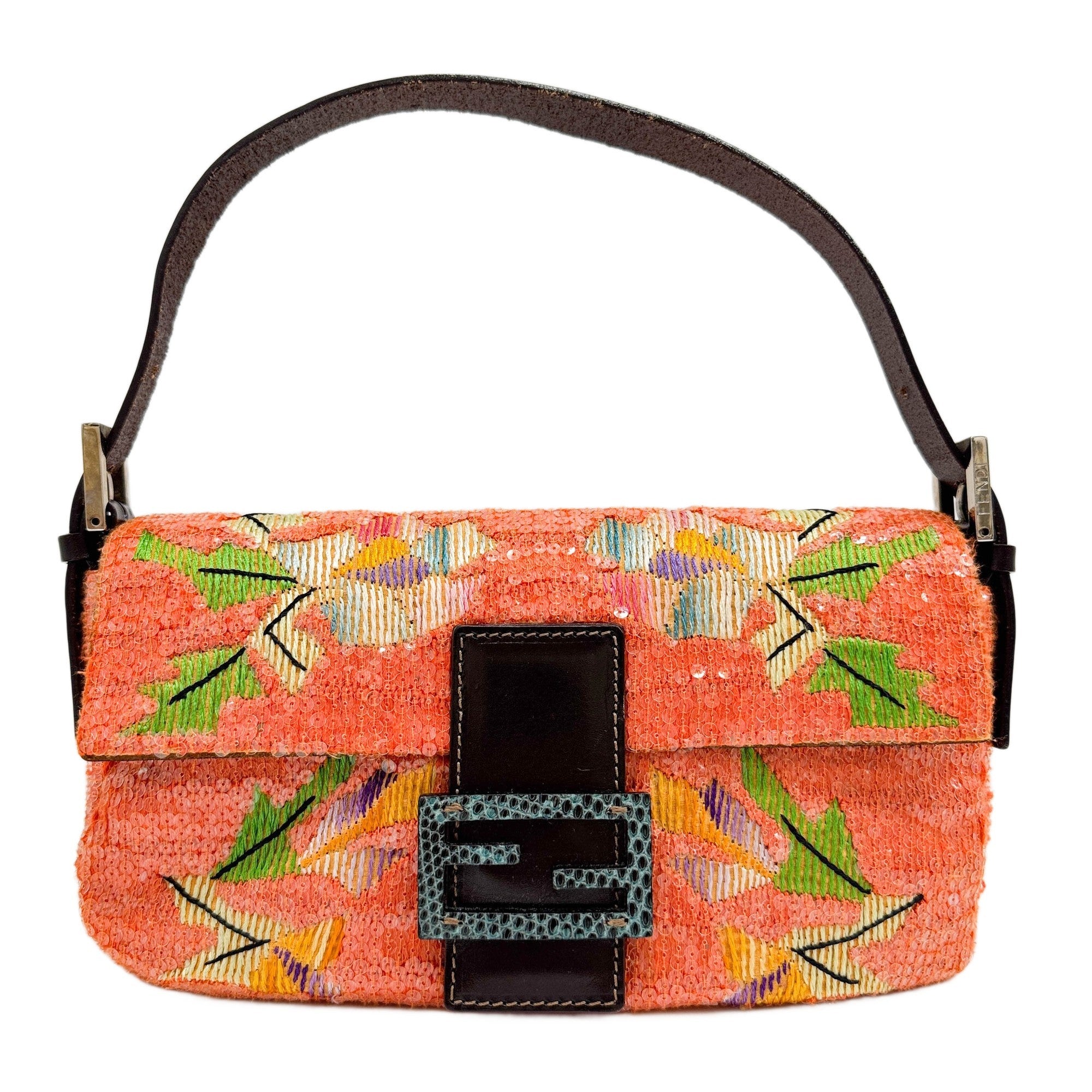 Baguette Flower Embroidery Orange Sequin Shoulder Bag