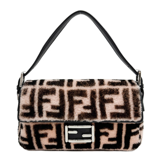 Baguette Pink Zucca CAnvas Faux Fur Shoulder Bag