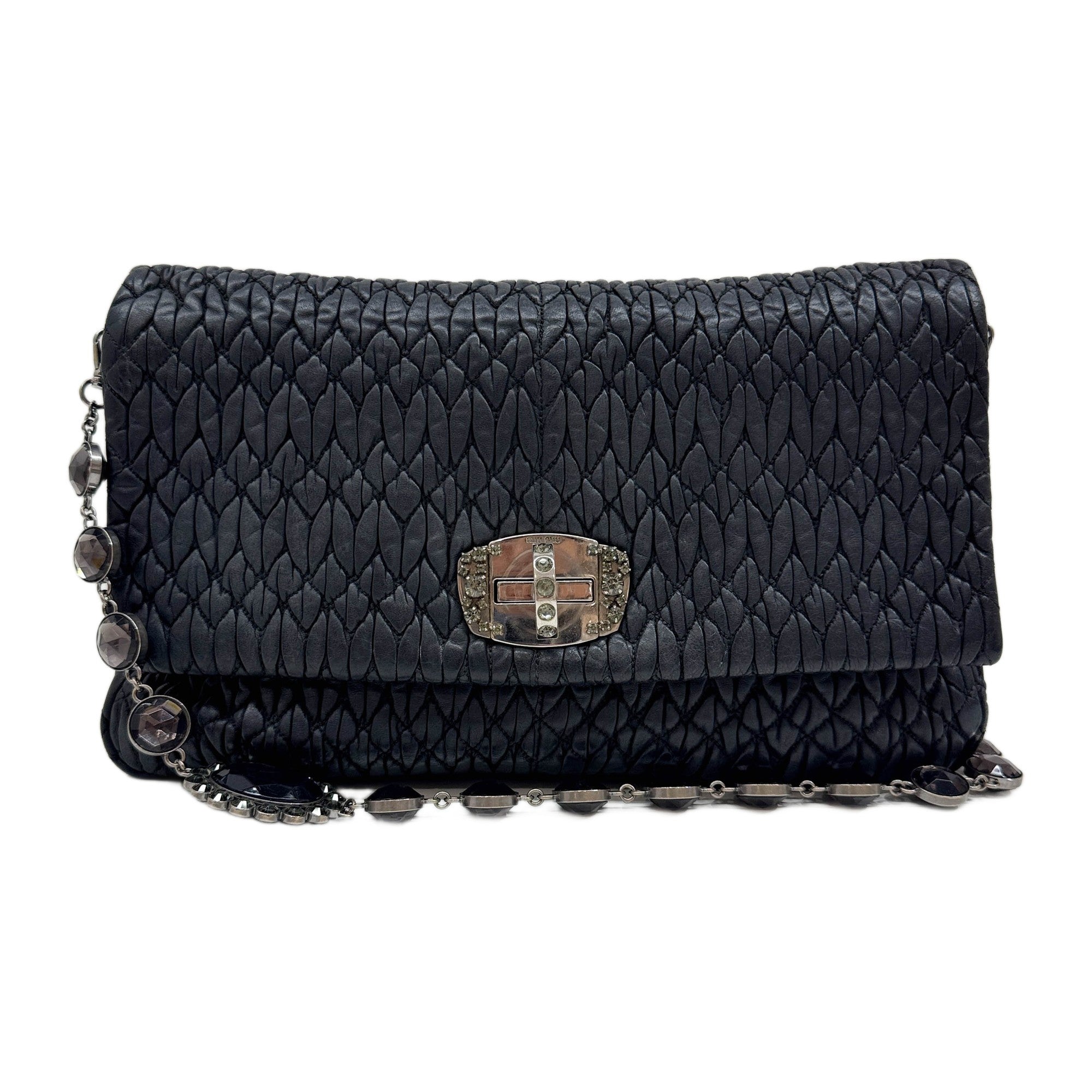 Crystal Handle Matelasse Black Leather Shoulder Bag