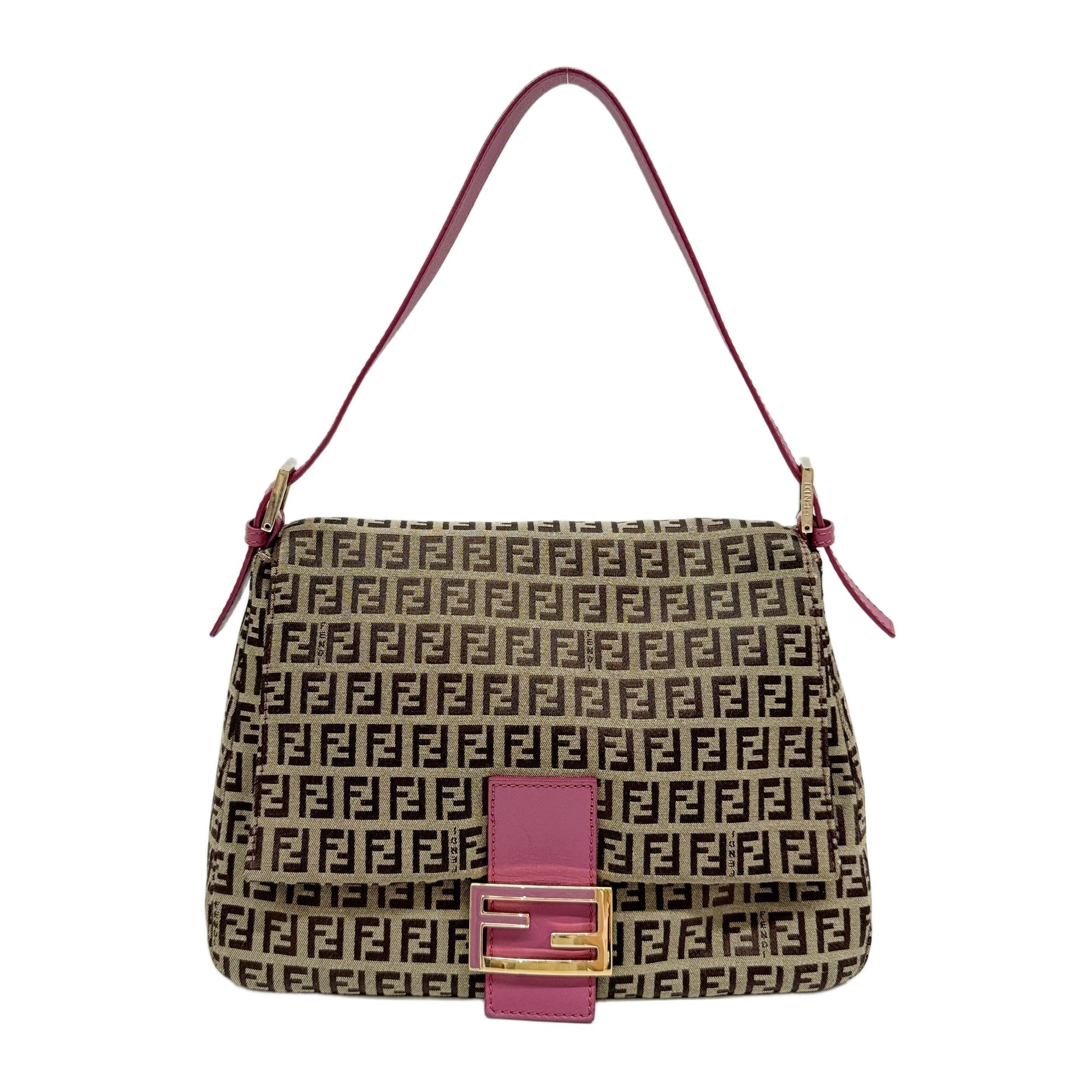 Mamma Baguette Pink Leather and Light Brown Zucca Canvas Shoulder Bag