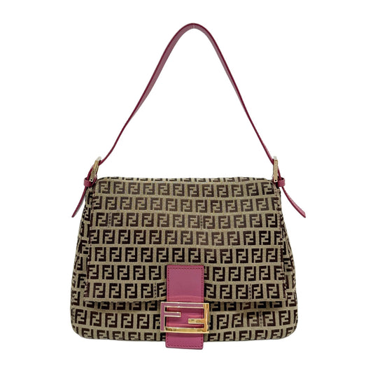 Mamma Baguette Pink Leather and Light Brown Zucca Canvas Shoulder Bag