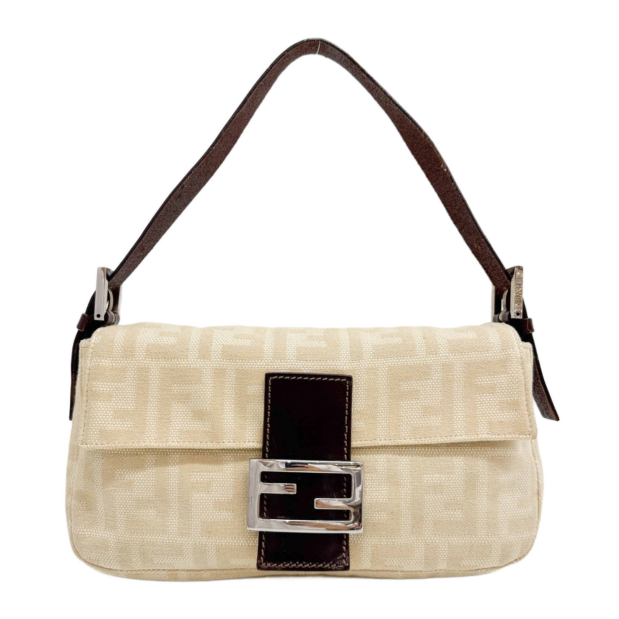 Baguette Beige Zucca Canvas Shoulder Bag