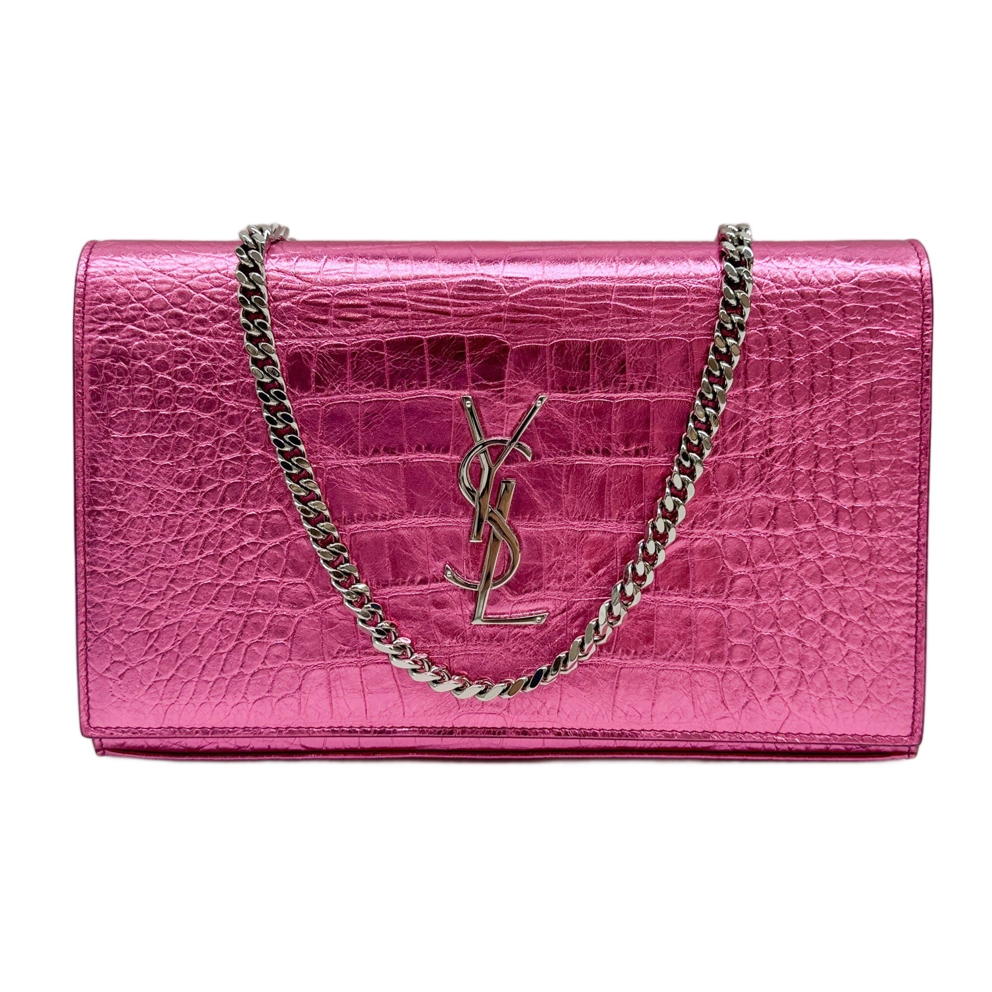 Cassandra Pink Metallic Crocodile Embossed Leather Shoulder Bag