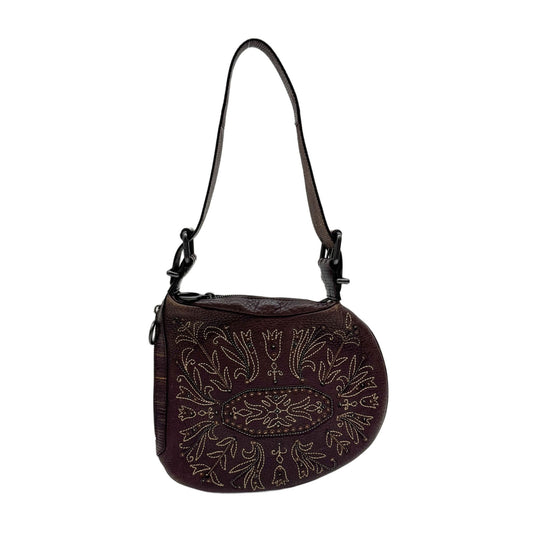 Selleria Oyster Lizard Embossed Leather Trim Embroidered Brown Leather Shoulder Bag