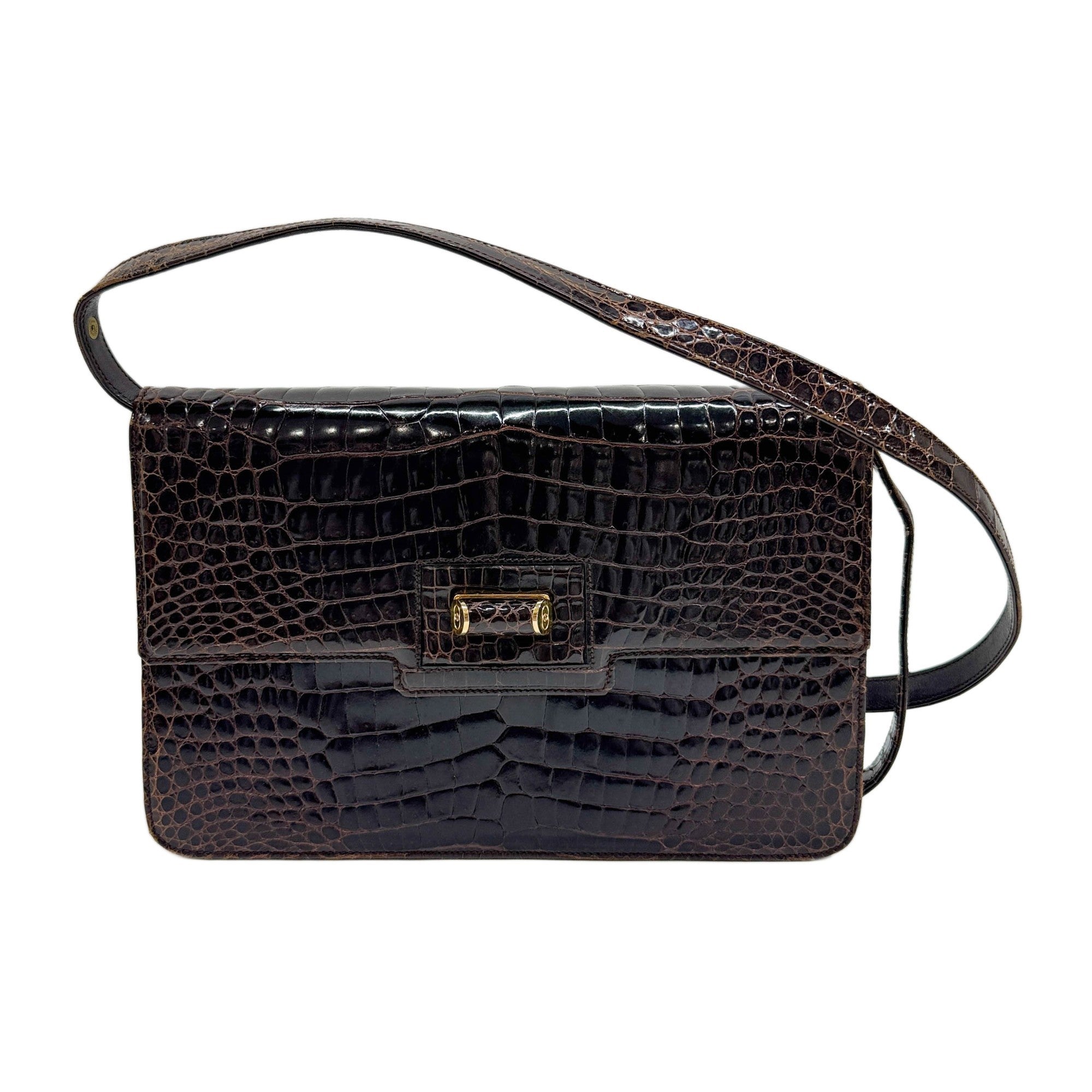Dark Brown Crocodile Embossed Leather Shoulder Bag