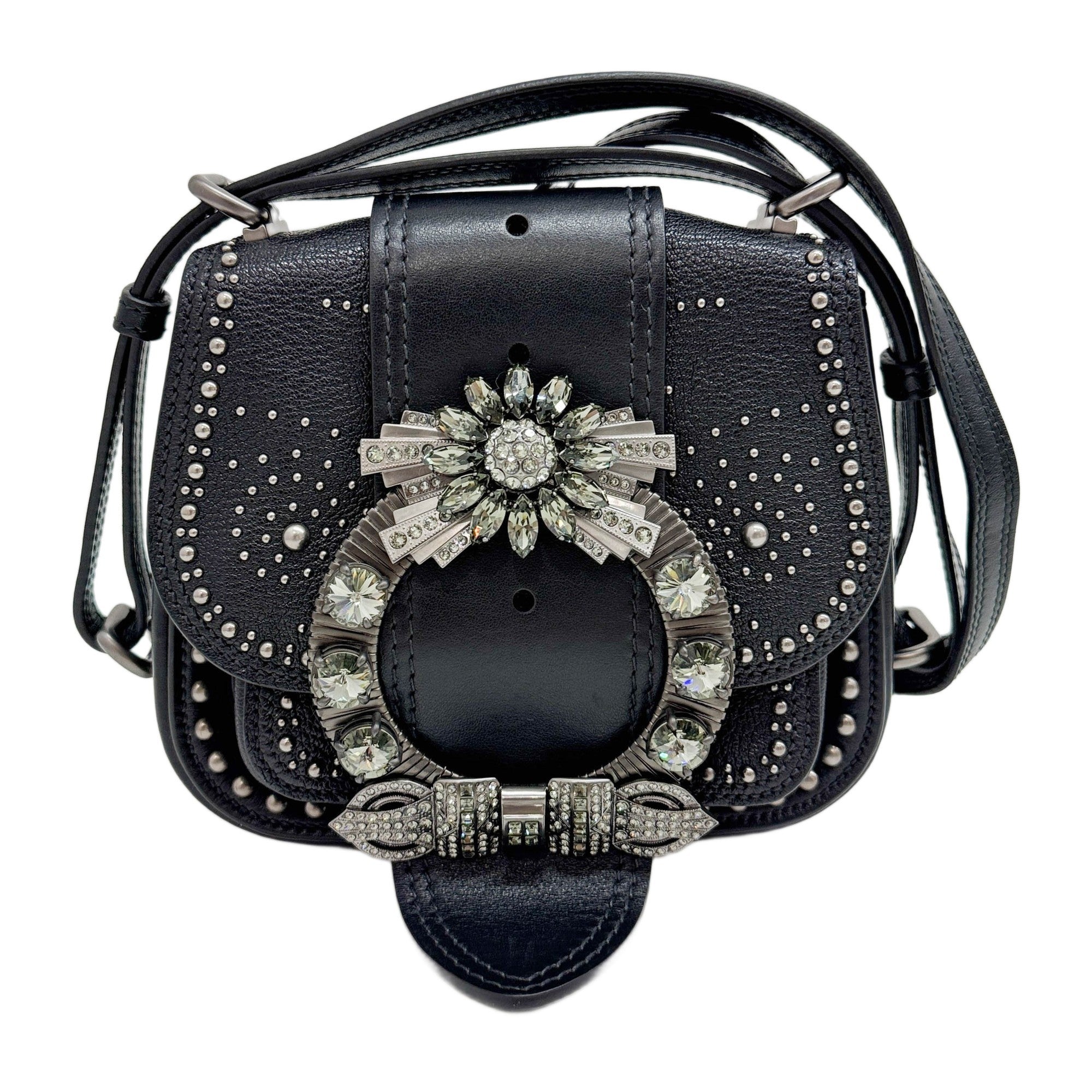 Strass Madras Crystal Embellished Dahlia Black Leather Shoulder Bag