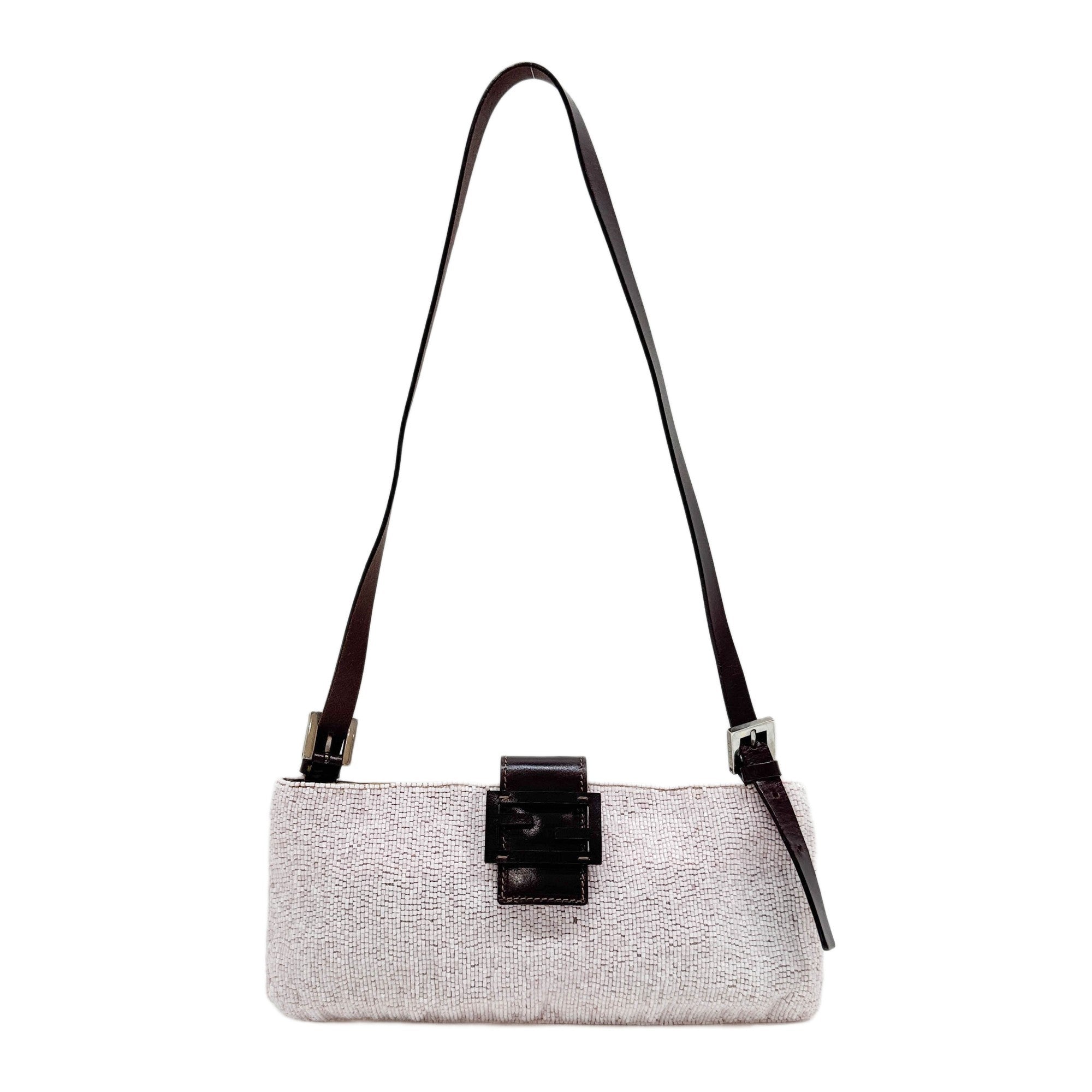 Brown Leather Trim Pink Beaded Shoulder Bag