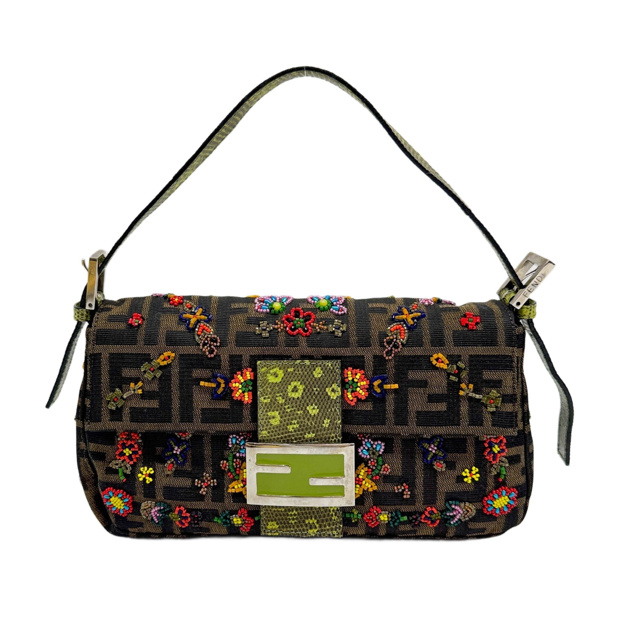 Baguette Flower Beaded Green Lizard Leather Trim and Brown Zucca Canvas Shoulder Bag