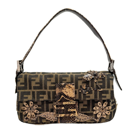 Baguette Zucca Brown Python Embossed Leather Shoulder Bag