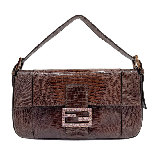 Baguette Espresso Brown Lizard Embossed Leather Shoulder Bag