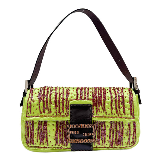 Baguette Red Beaded Green Satin Shoulder Bag