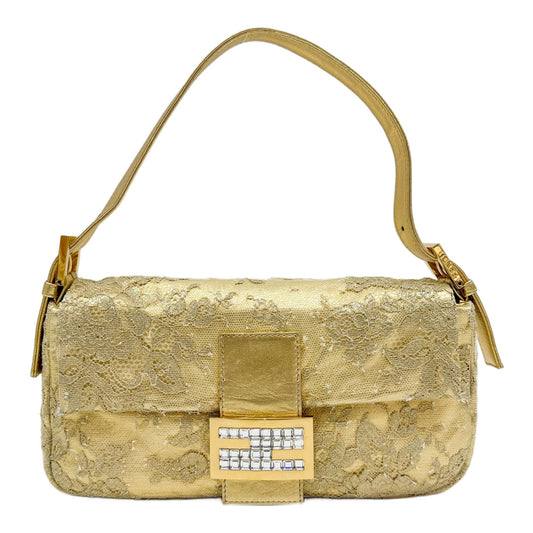 Baguette Floral Mesh Gold Leather Shoulder Bag