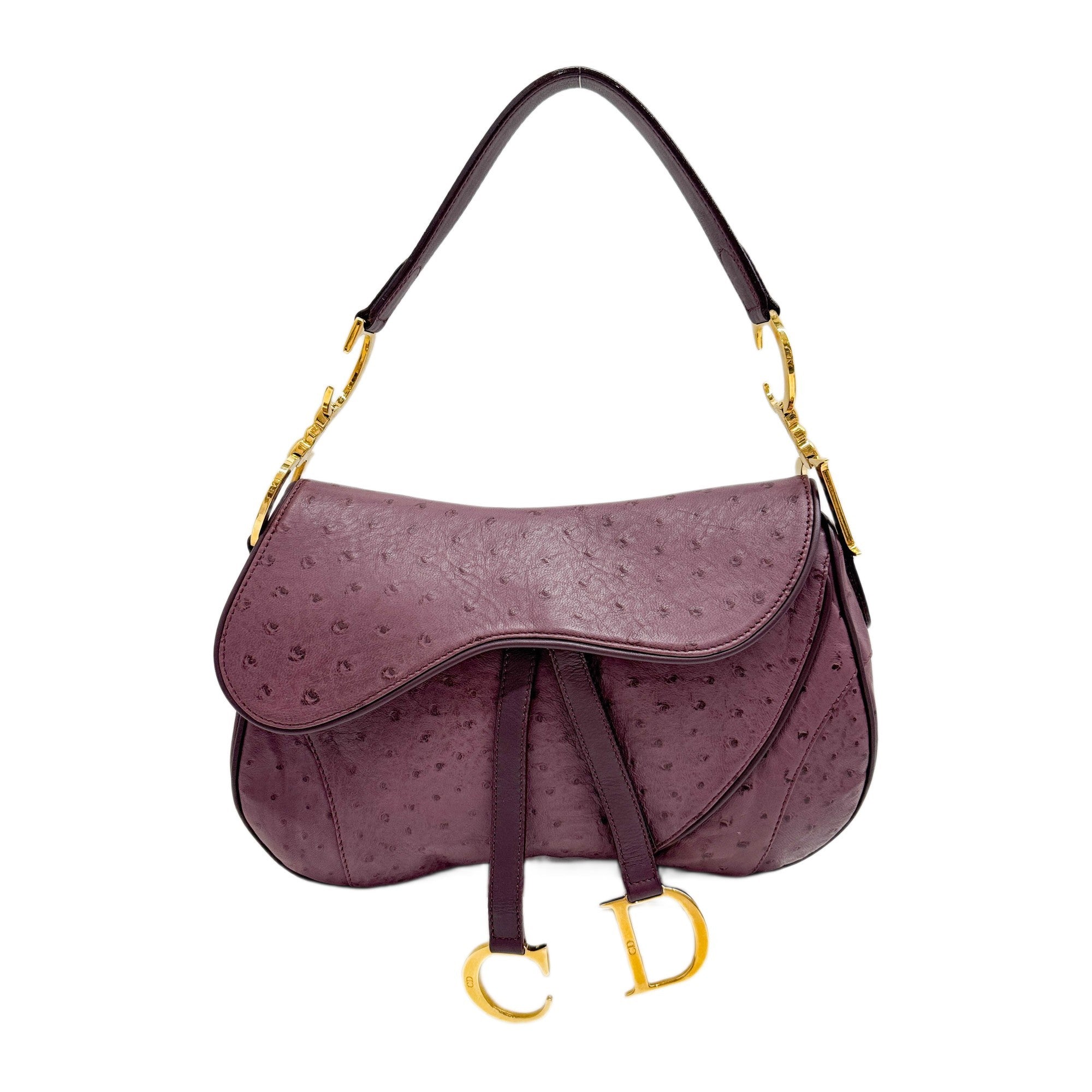 Double Saddle Purple Ostrich Leather Shoulder Bag