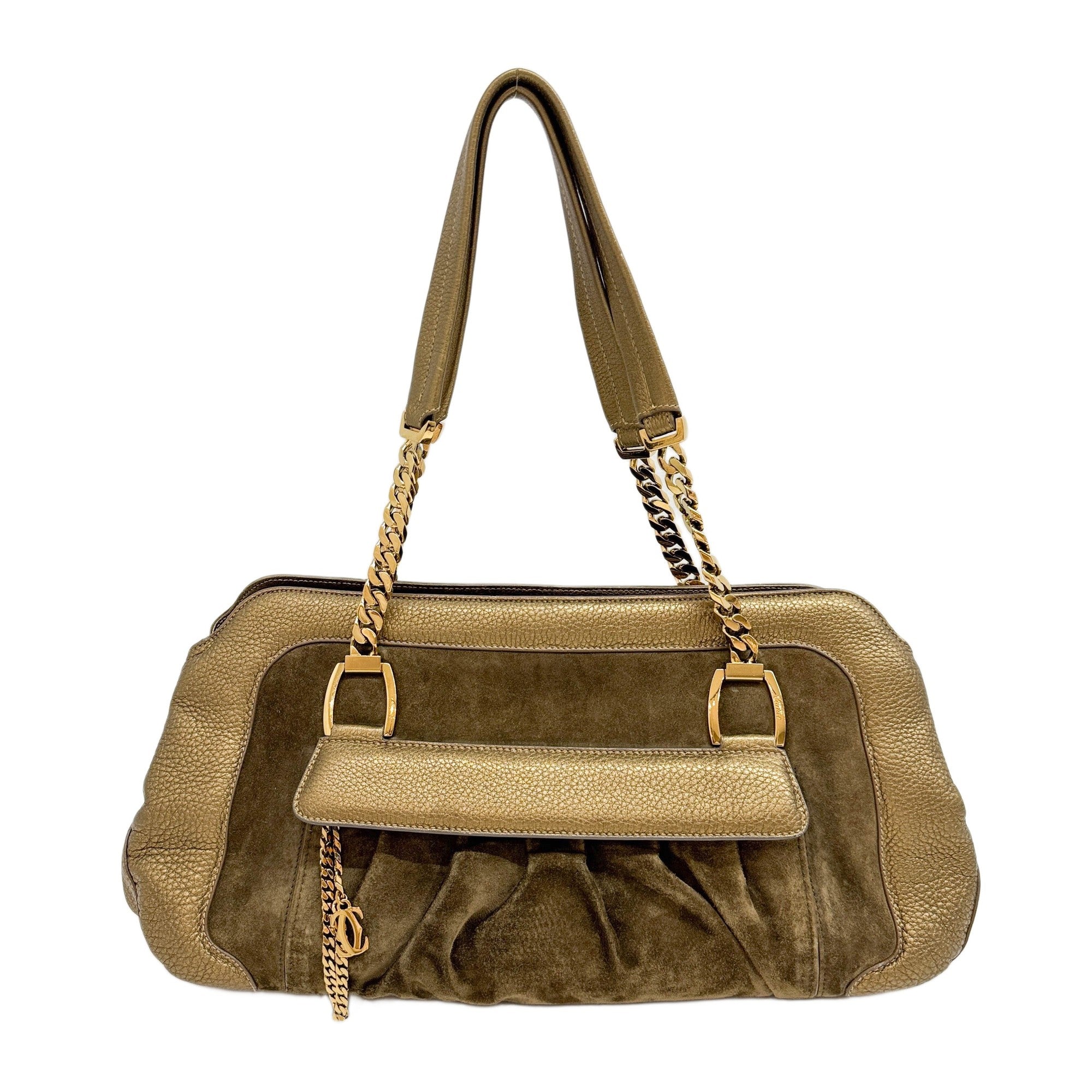 La Donna Leather Trim Gold Suede Chain Shoulder Bag