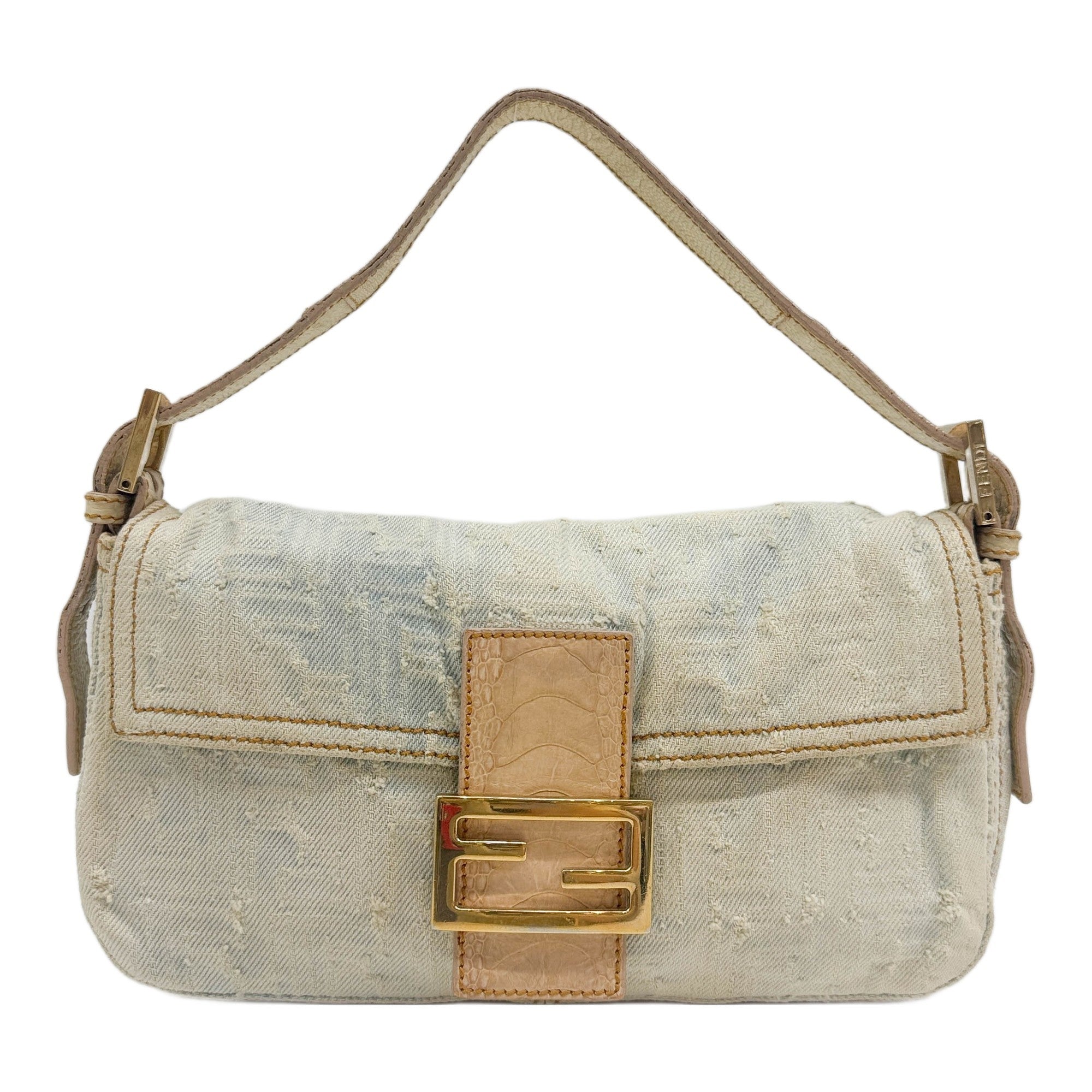 Baguette Beige Zucca Canvas Denim Shoulder Bag
