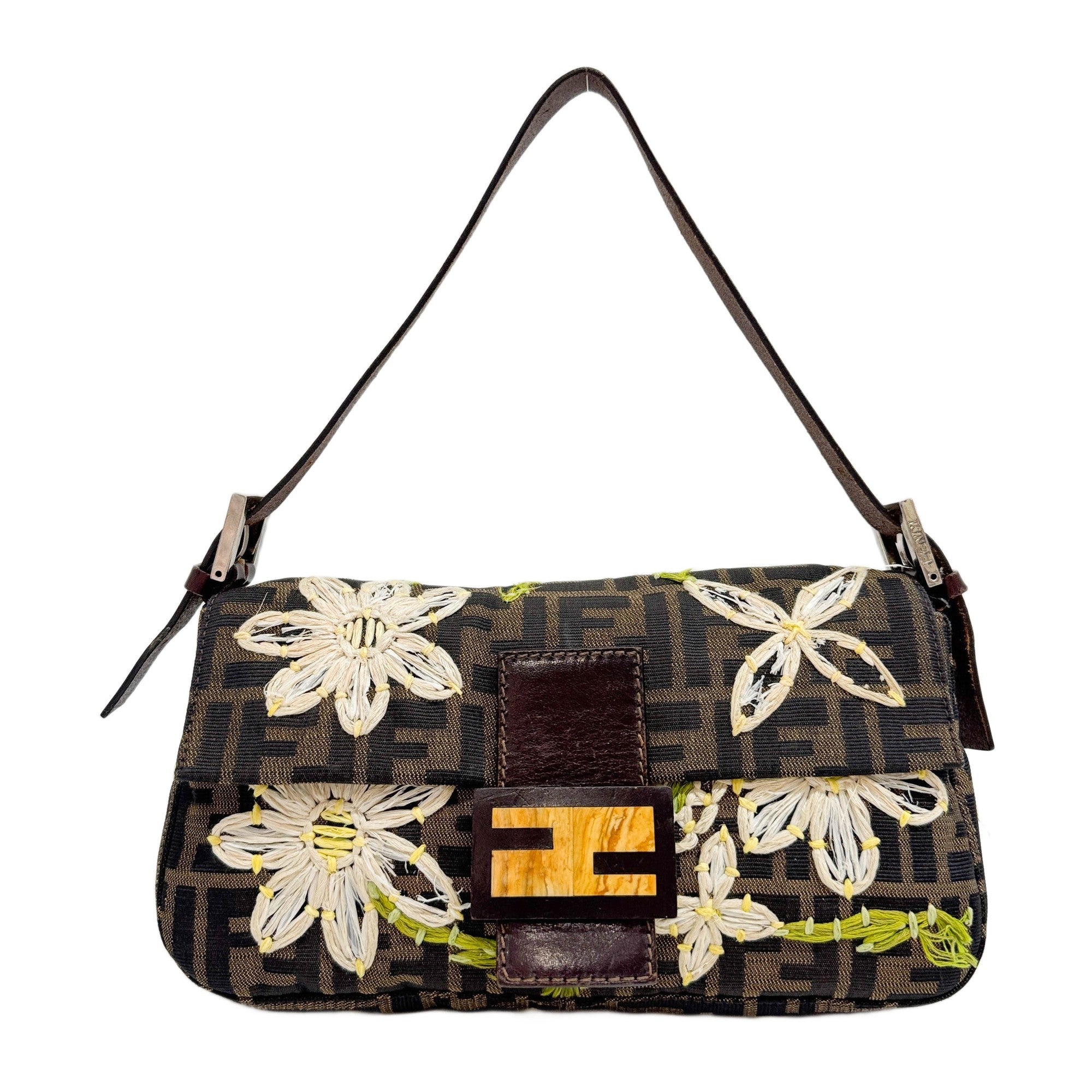 Baguette Embroidered Flowers Brown Zucca Canvas Shoulder Bag