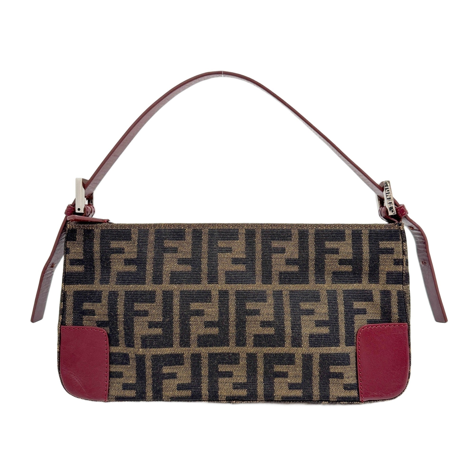 Red Leather Trim Brown Zucca Canvas Shoulder Bag