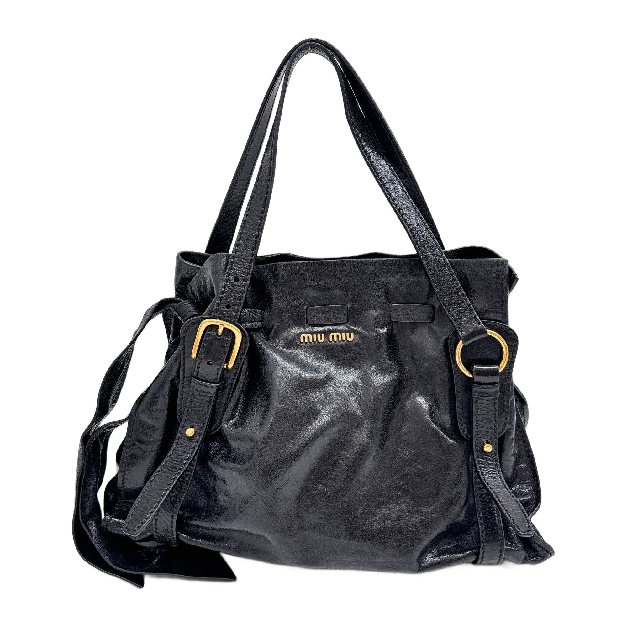 Vitello Lux Bow Black Leather Shoulder Bag