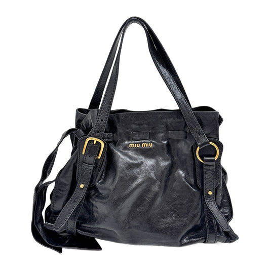 Vitello Lux Bow Black Leather Shoulder Bag