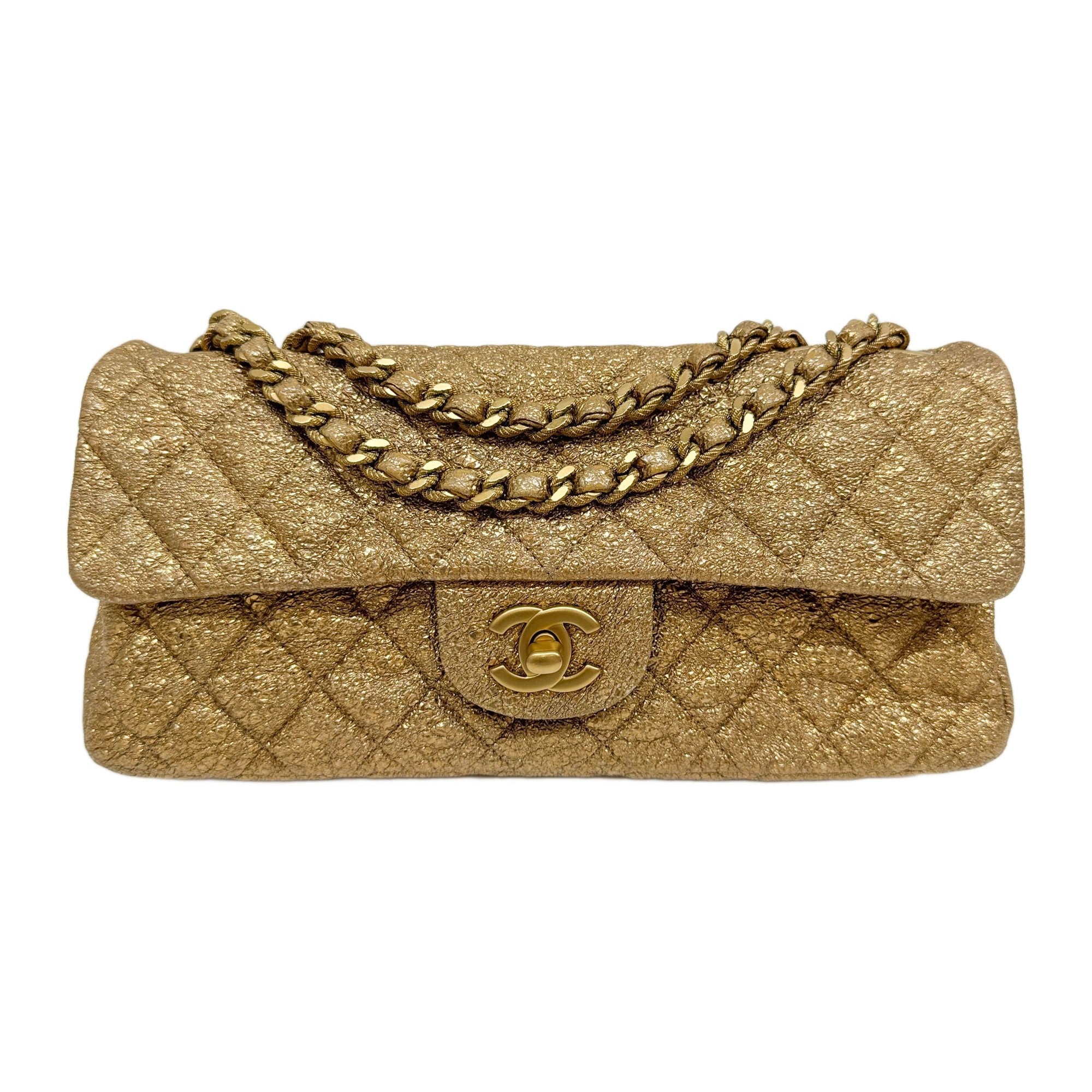 East West Classic Flap 2006-2008 Matelasse Crackled Metallic Gold Leather Shoulder Bag