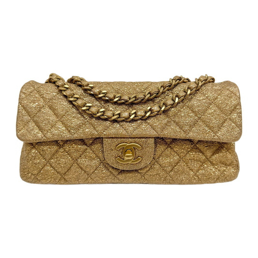 East West Classic Flap 2006-2008 Matelasse Crackled Metallic Gold Leather Shoulder Bag