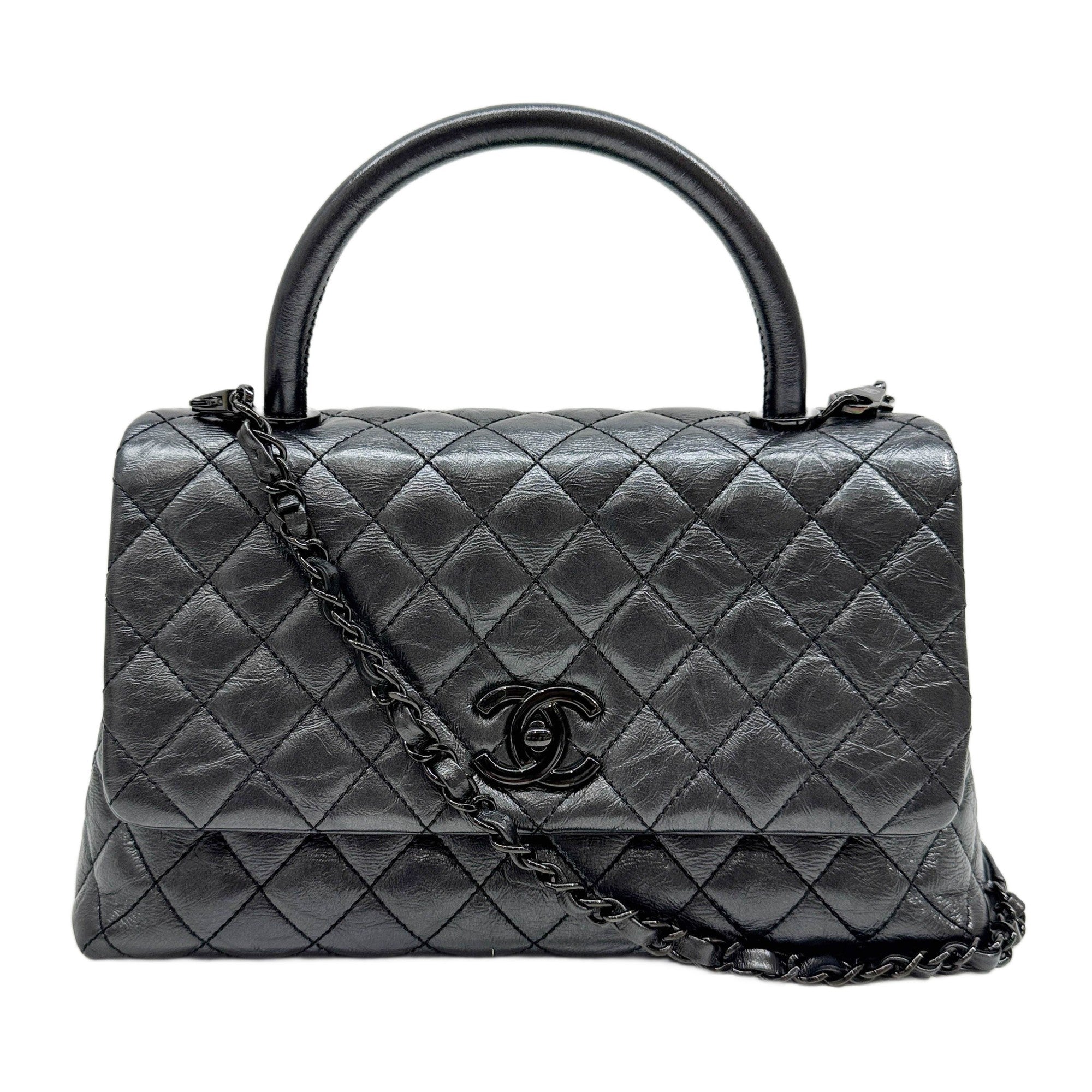 Coco Handle 2019 Matelasse Gunmetal Grey Leather Two Way Bag