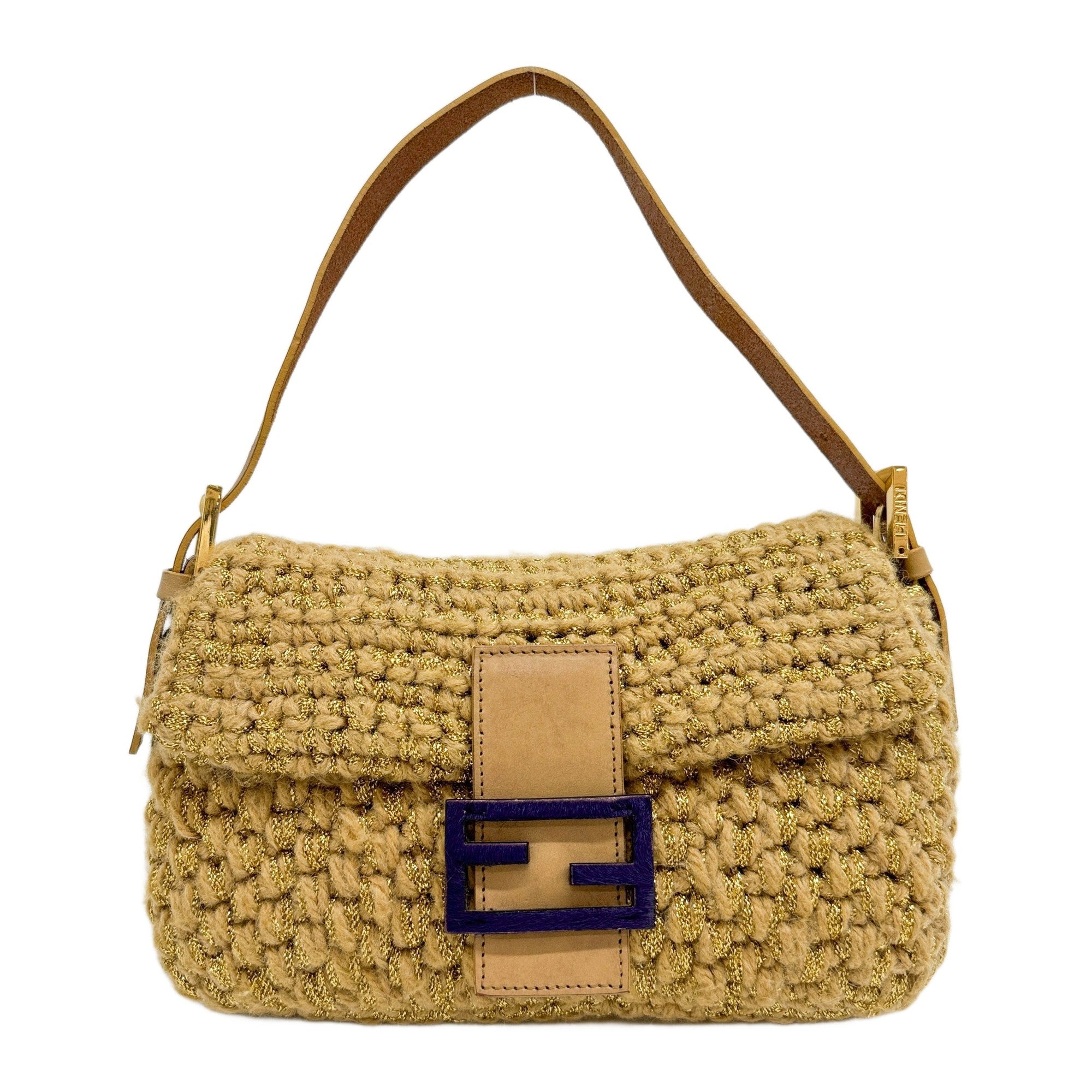 Baguette Gold Strass Knitted Camel Wool Shoulder Bag