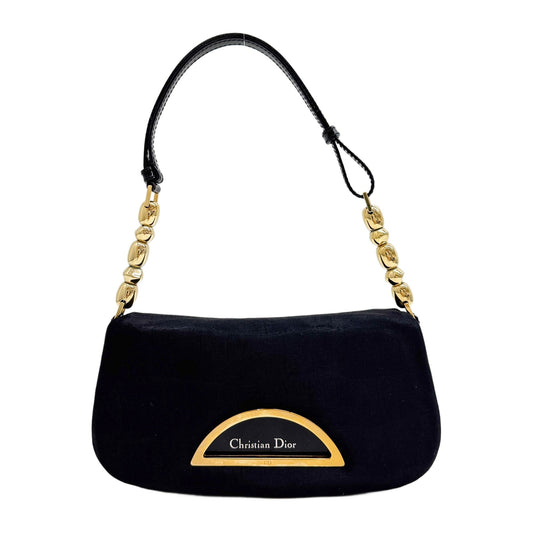 Mini Malice Pearl Gold Hardware Black Satin Shoulder Bag