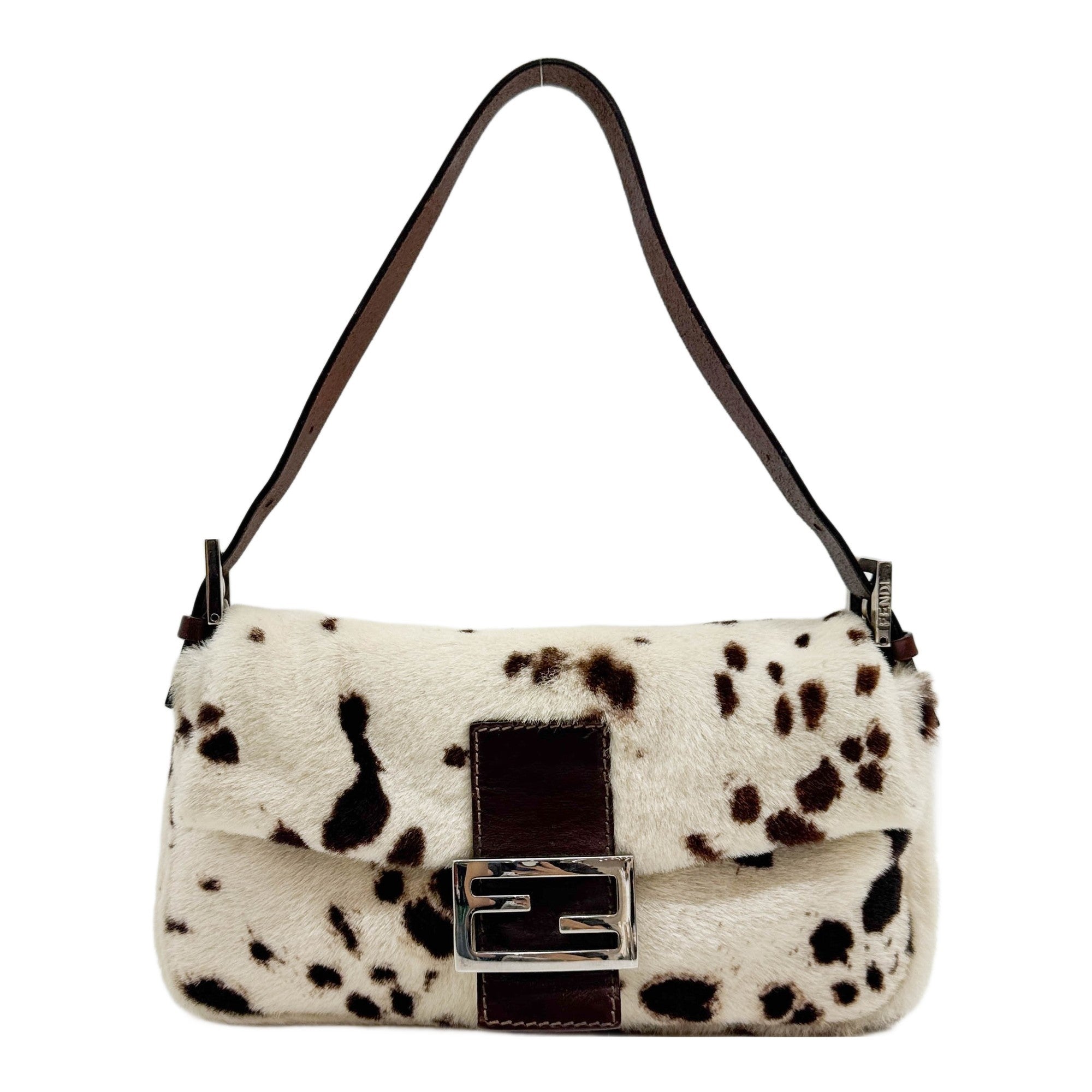 Baguette Cream and Brown Dalmation Print Pony Hair Shoulder Bag