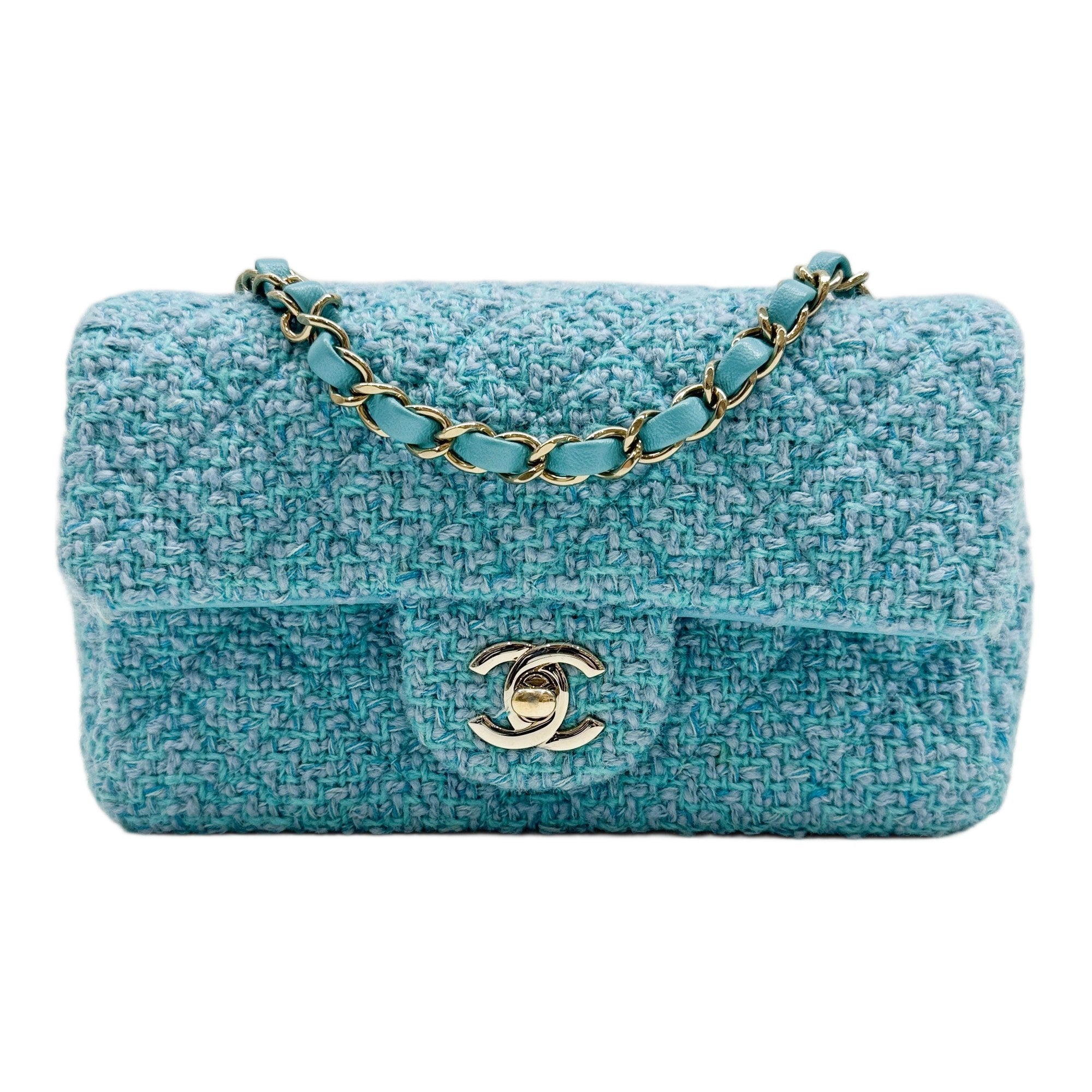 Rectangular Mini Classic Flap 2021-2026 Aqua Blue Tweed Shoulder Bag