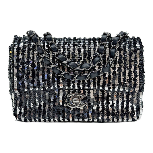 Mini Classic Flap 2021-2026 Black and Silver Sequin Shoulder Bag