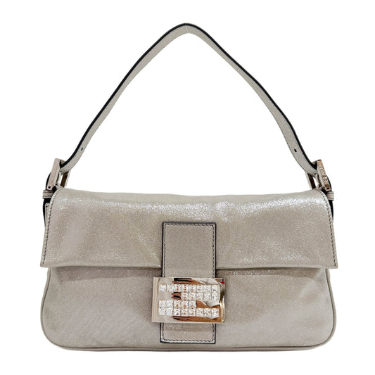 Baguette Glitter Silver Leather Shoulder Bag