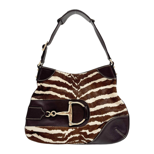 Horsebit Brown Zebra Print in Pony Hair Shoulder Bag