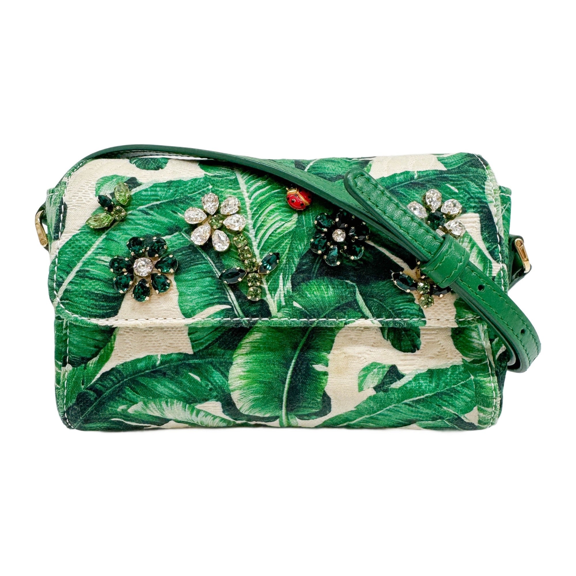 Crystal Embellished Green Canvas Crossbody Bag
