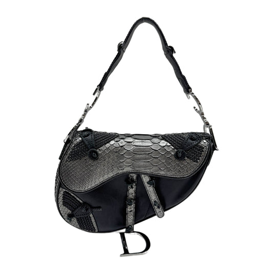 Saddle Hollywood Black Python Embossed Leather Shoulder Bag
