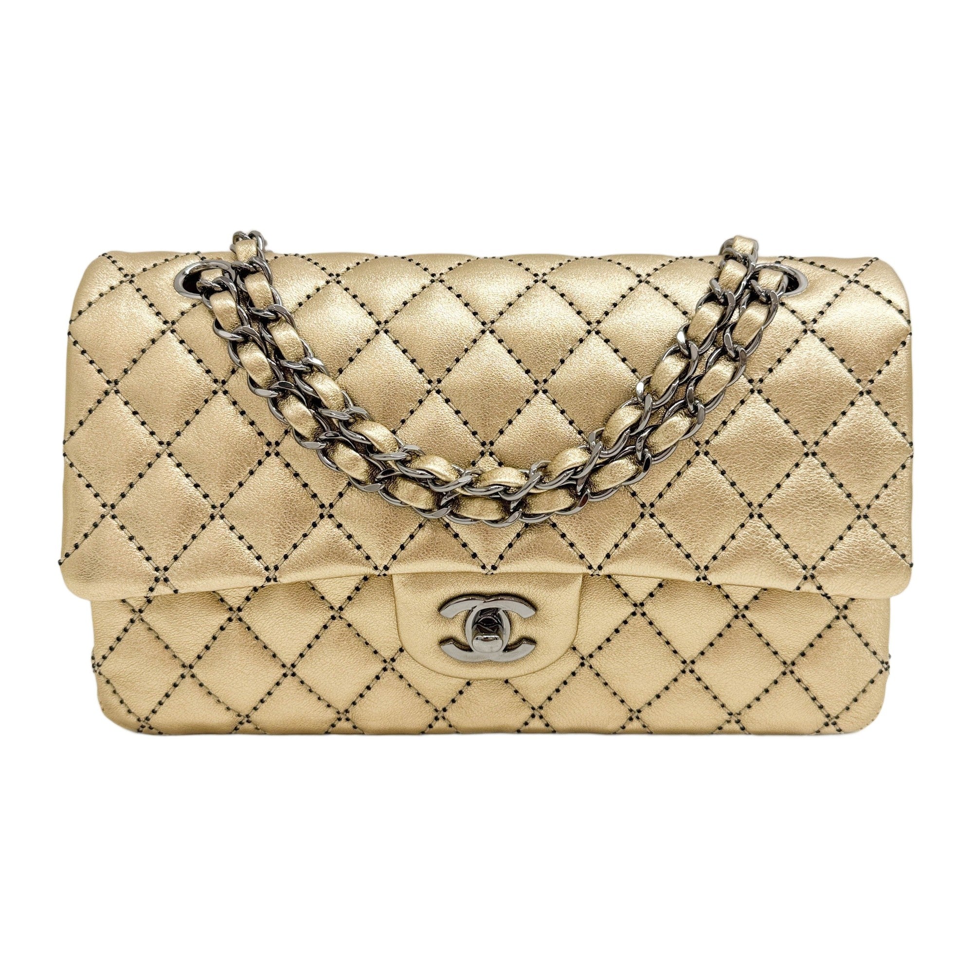 Medium Classic Double Flap 2014 Black Dotted Matelasse Gold Leather Shoulder Bag