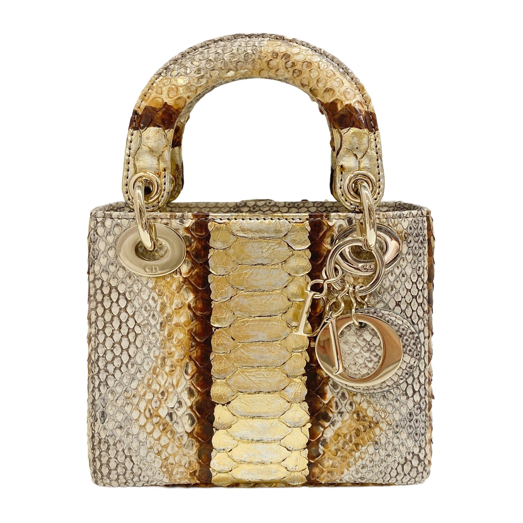 Mini Lady Dior Gold Accent Brown Embossed Python Leather Hand Bag