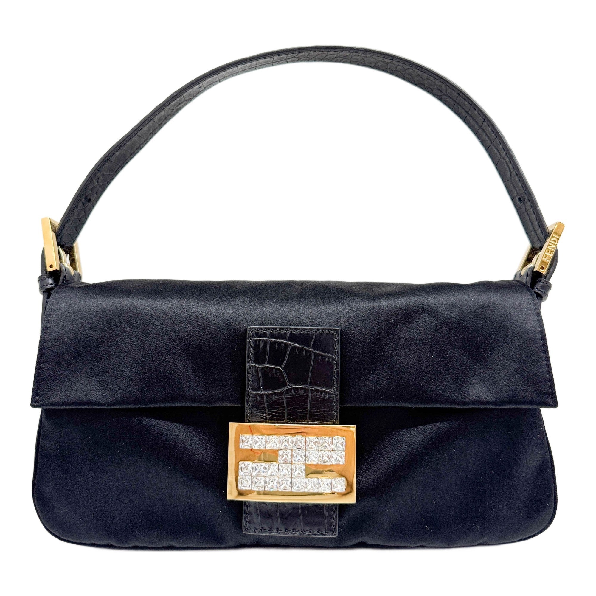 Baguette Black Satin with Python Embossed Leather Shoulder Bag