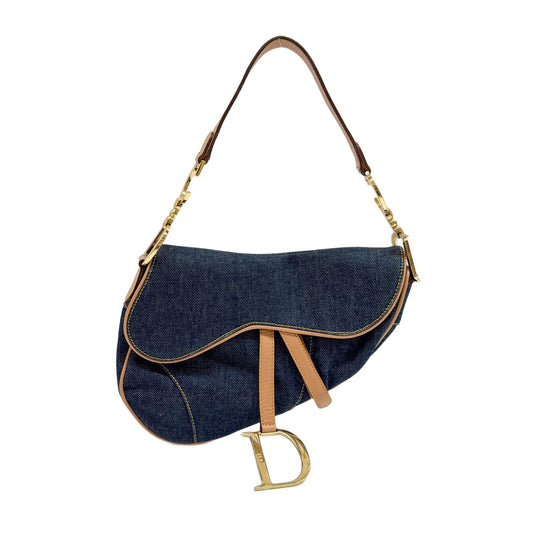 Saddle Beige Leather Trim Navy Denim Shoulder Bag
