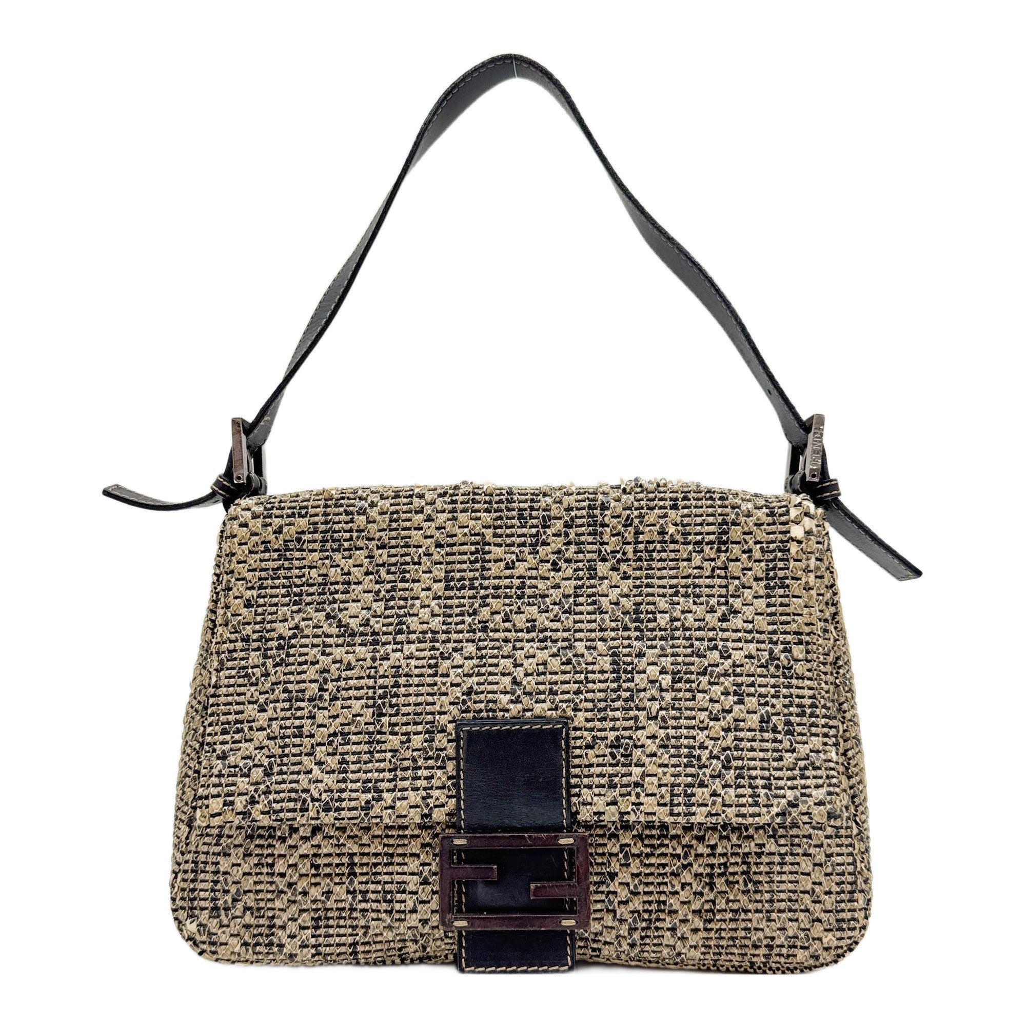 Mamma Baguette Beige & Black Woven Leather Shoulder Bag