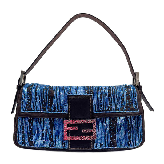 Baguette Bead Embroidered Black Satin Shoulder Bag