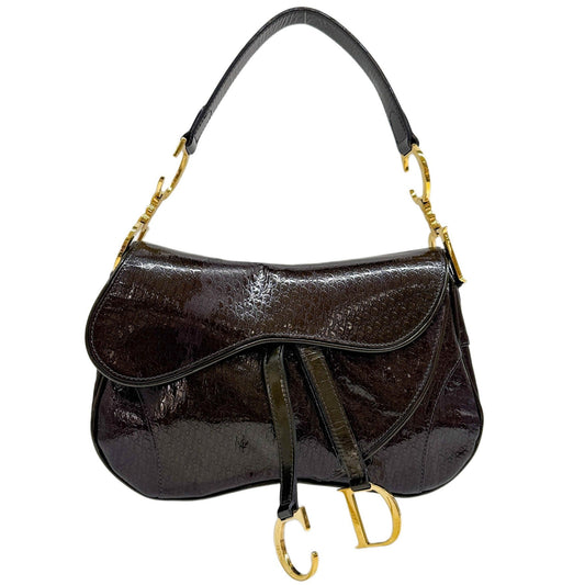 Double Saddle Dark Brown Trotter Patent Leather Shoulder Bag