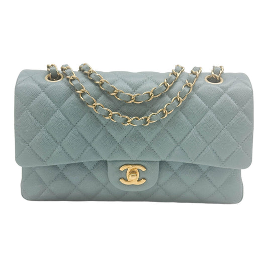 Medium Classic Double Flap 2018 Matelasse Pale Blue Caviar Leather Shoulder Bag
