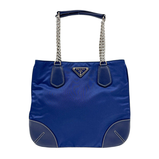 Tessuto Leather Trim Chain Handle Blue Nylon Shoulder Bag