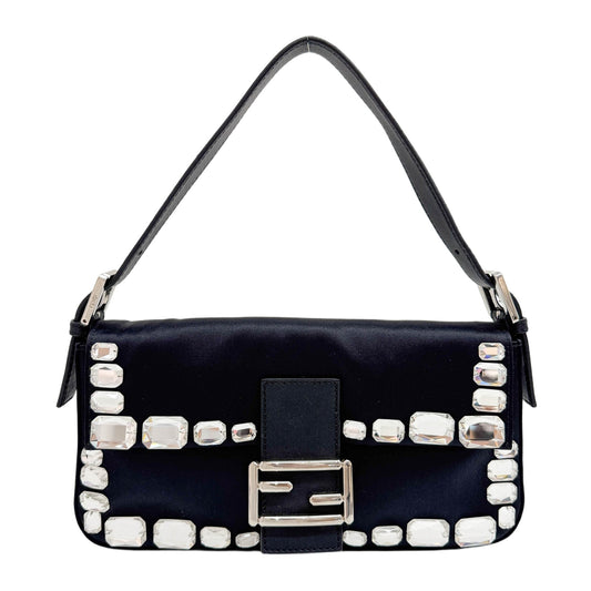 Baguette Rhinestone Embroidered Black Satin Shoulder Bag
