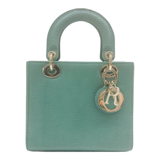 Small Lady Dior Turquoise Blue-Green Lizard Embossed Leather Two Way Bag