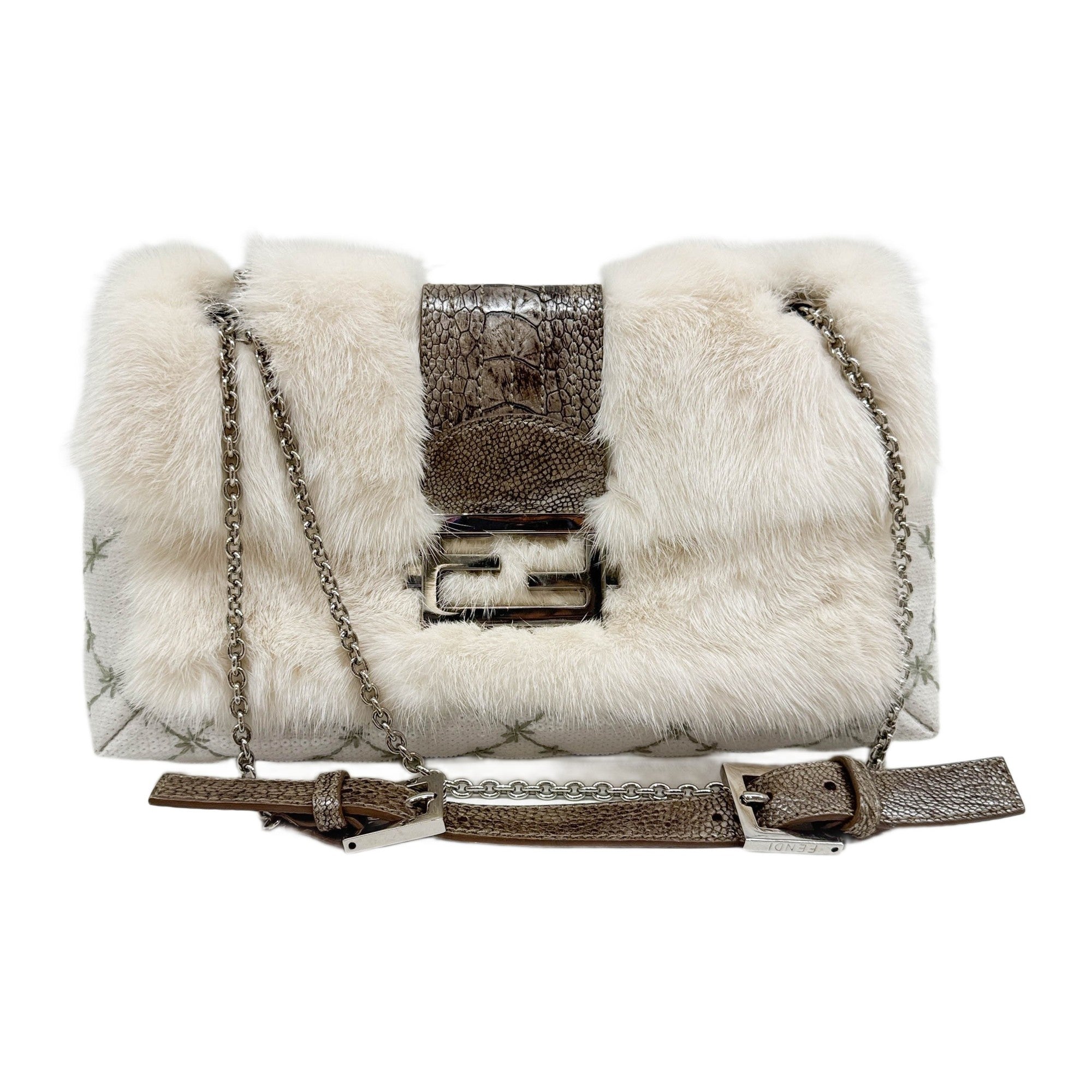 Baguette Chain Flap Rabbit Fur and Python Trim White Sequin Shoulder Bag