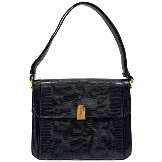 Black Lizzard Embossed Leather Shoulder Bag