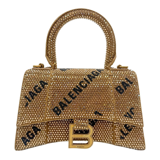 Mini Hourglass Crystal Rhinestone Embellished Gold Suede Two Way Bag
