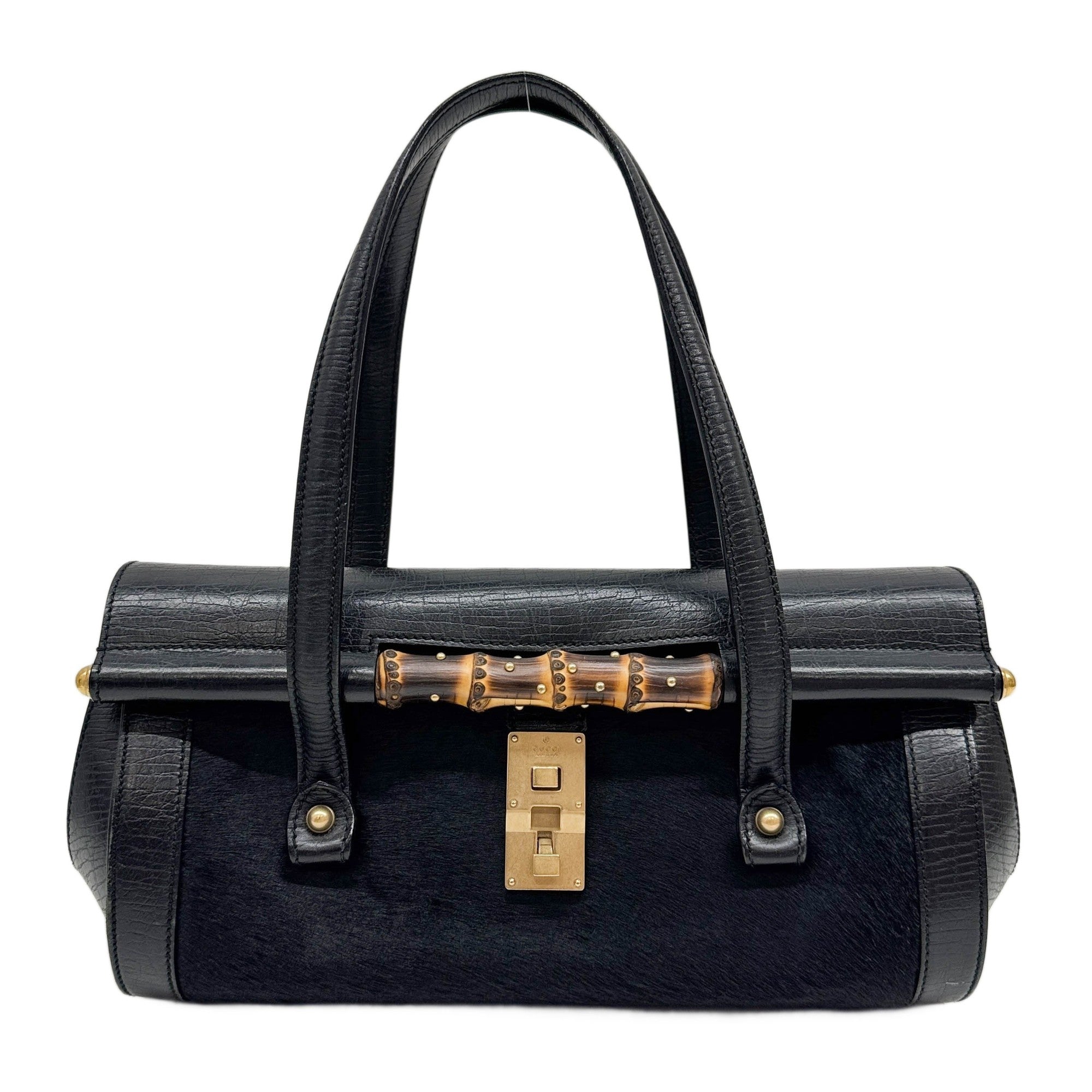 Bamboo Leather Trim Black Pony Hair Shoulder Bag